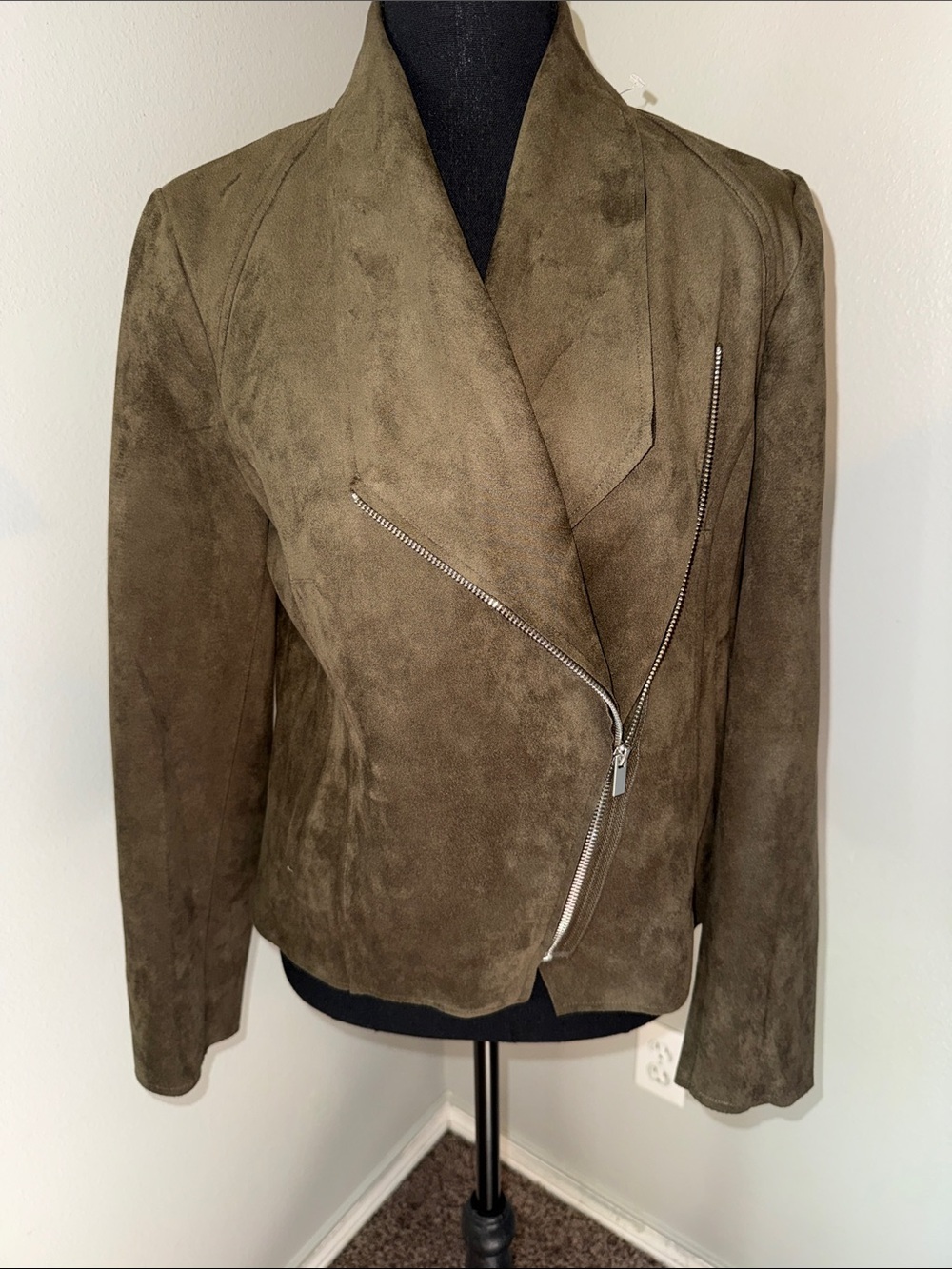 Tahari Olive Suede Moto Jacket with Asymmetric Zip